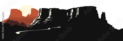 Grand Canyon silhouette with winding desert road and setting sun minimalist vector landscape desert cliff scenic view flat design illustration