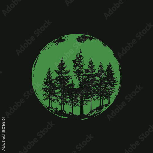 Green Earth silhouette with pine trees and nature conservation theme on black background vector illustration for environmental protection concept design
