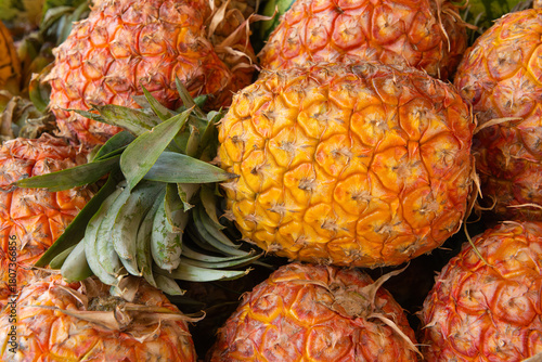 Fresh, ripe yellow pineapples displayed at a busy Kenyan market, highlighting juicy tropical fruit and vibrant market culture.