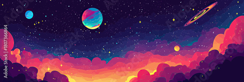 Colorful cosmic landscape with vibrant clouds, bright stars, planets, and galaxy ring in flat vector style digital art illustration