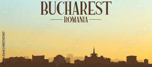 Panoramic poster of the city skyline with misty background buildings, hills sunrise, sunset and clouds of BUCHAREST, ROMANIA