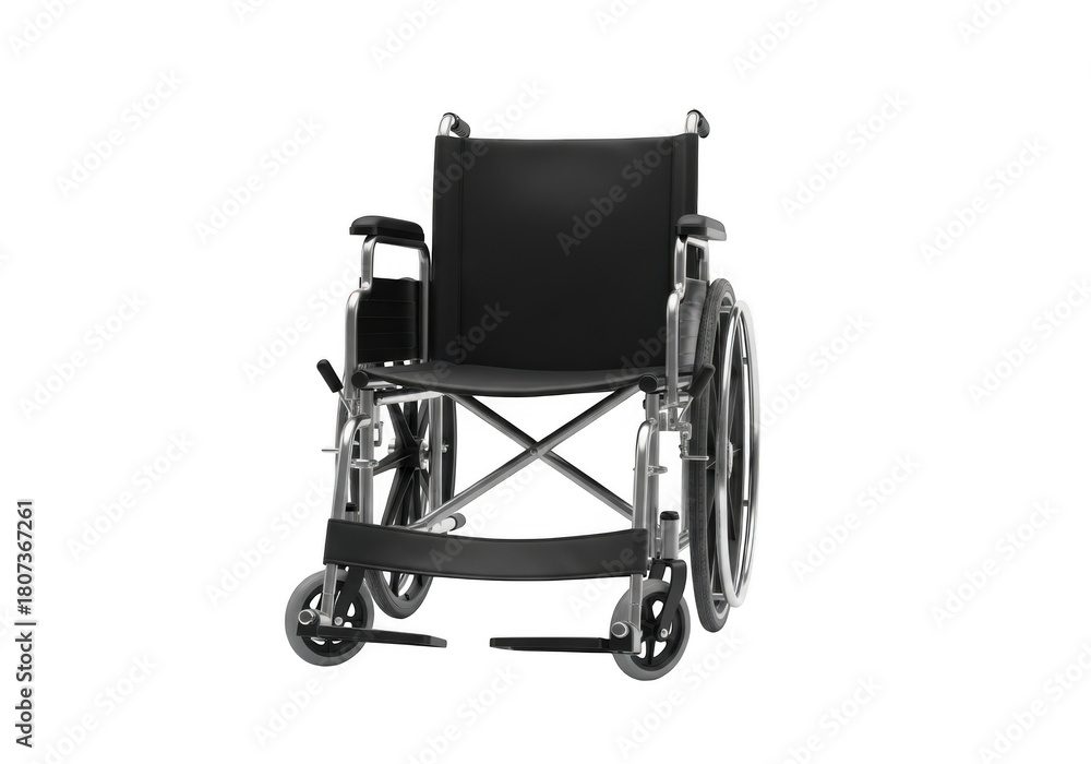 Fototapeta premium A detailed front facing view of a foldable manual wheelchair with large rear wheels and smaller front casters isolated on transparent background