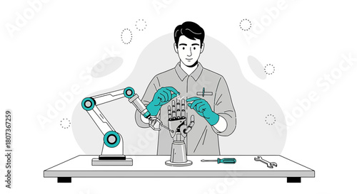 Futuristic robotics engineer assembling a robotic arm in a modern laboratory setting