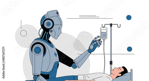 Futuristic robotic nurse attending a patient with an iv drip in a sterile environment representing