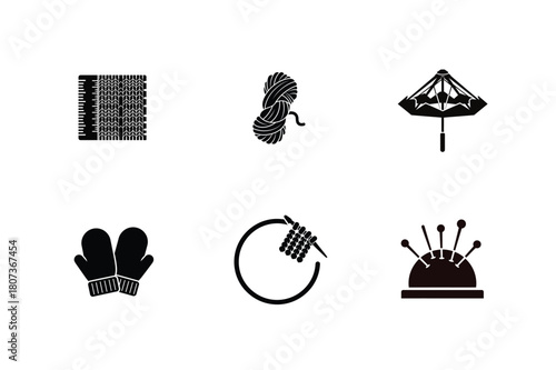 Collection of six black and white silhouette icons representing winter and crafting
