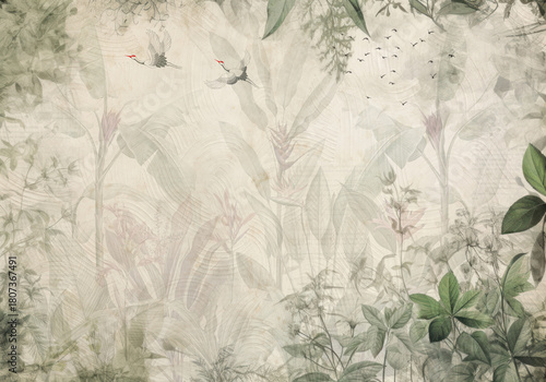 Wallpaper Mural green background with plant and bird  Torontodigital.ca