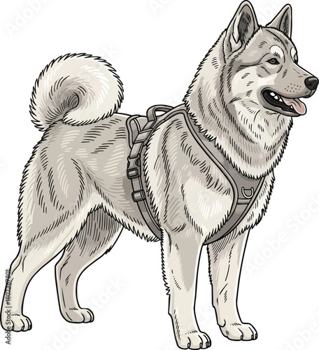 Greenland Dog standing wearing harness vector illustration