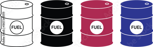 Oil barrel icons in outline and silhouette styles. Industrial oil drum vector illustration metal barrel liquid storage container fuel tank icon isolated on transparent background.