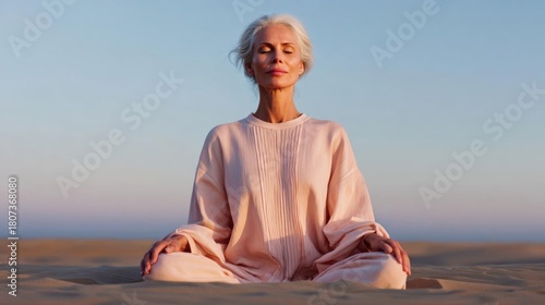 Woman sitting in a meditative pose on a sandy beach. she is wearing a long-sleeved pink dress with a pleated design and her hair is styled in a short bob.