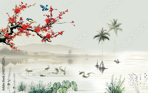 Photography chinoiserie birds on a tree