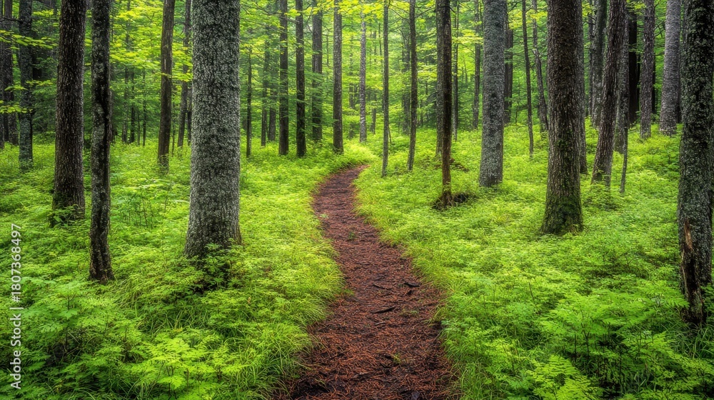 Obraz premium Winding path through a dense green forest with sunlight