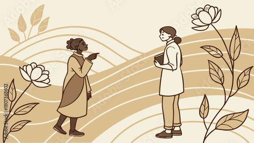 Golden beige floral 3D design on flowing waves with doctors supporting patients, seamless glossy vector wallpaper