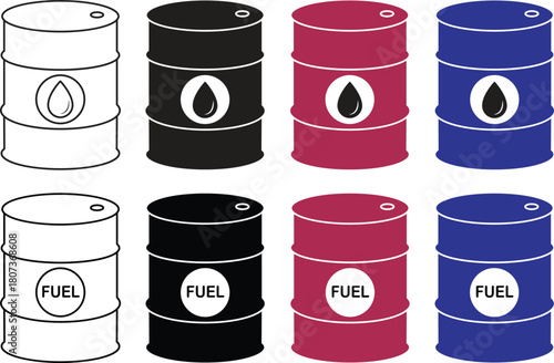 Oil barrel icons in outline and silhouette styles. Industrial oil drum vector illustration metal barrel liquid storage container fuel tank icon isolated on transparent background.