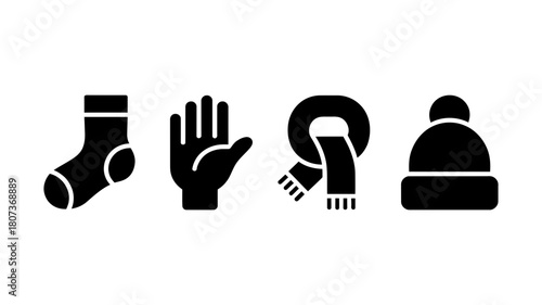 Winter clothing accessories icons set with sock, glove, scarf, and beanie hat silhouettes, representing cold weather essentials for warmth and comfort.