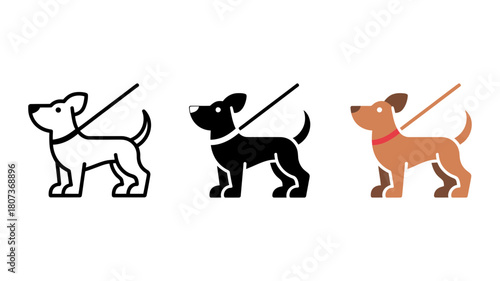 Dog on leash vector icon set. outline, solid fill, and colored variations of a pet dog with a collar and leash for walking, pet care, and design.