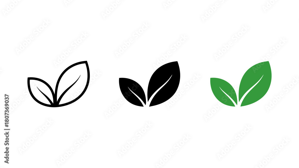 Naklejka premium Eco-friendly leaf icon set with outline, solid black, and green variations, representing nature, organic products, and environmental concepts.