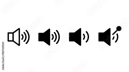 Volume speaker icons set with various sound levels including mute, representing audio control for web interfaces, apps, and digital design