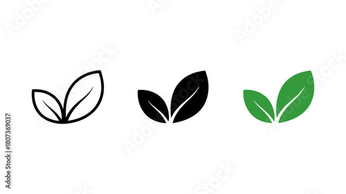 Eco-friendly leaf icon set with outline, solid black, and green variations, representing nature, organic products, and environmental concepts.