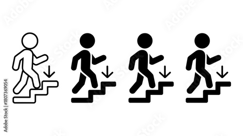 Person walking down stairs icon set, illustrating descent, movement, and direction with a modern, simple graphic design, perfect for web and print.