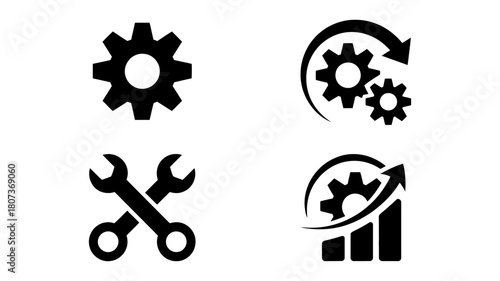 Black flat design icons representing settings, process, repair, service, optimization, and growth in a comprehensive industrial and technical vector set.