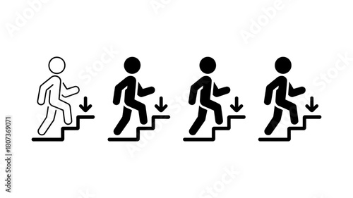 Set of stick figure icons depicting a person walking down stairs, illustrating concepts like descent, exit, downward progress, and direction.