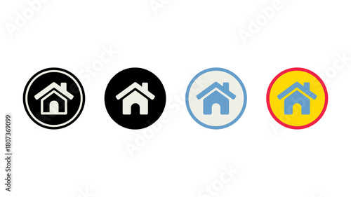 Home icon set with four distinct circular designs, offering variations in color and outline for web and app interface navigation.