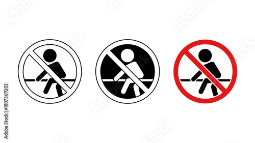 Do not sit here or lean prohibition symbol set. no sitting allowed warning icon for public spaces, signs, and safety regulations. isolated vector graphic design element.