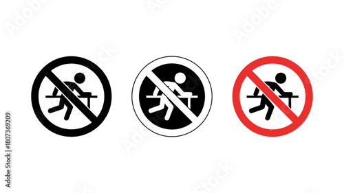 No pushing" or "no running" sign variations with a person pushing an object, representing a prohibition against specific actions in public or private spaces.