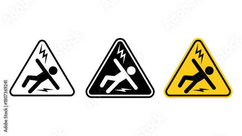 Electric shock and fall hazard warning signs set. triangular safety icons for electrical danger and slip or fall risk. isolated vector.