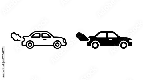 Car exhaust fumes icon set illustrating air pollution and environmental impact from vehicle emissions, outline and solid black styles.