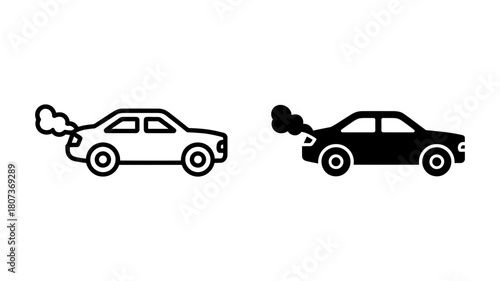Car exhaust fumes pollution outline and solid icon set. vehicle emissions and air contamination symbol depicting environmental damage, climate change, and sustainability issues.