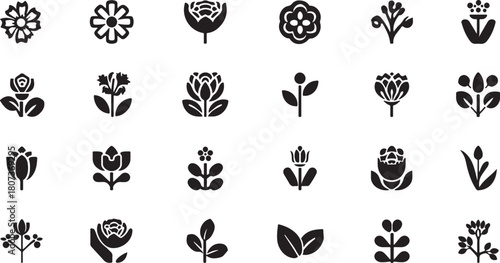 Assortment of 24 Black Silhouette Icons Featuring Flowers and Plant Elements flower icon plant icon