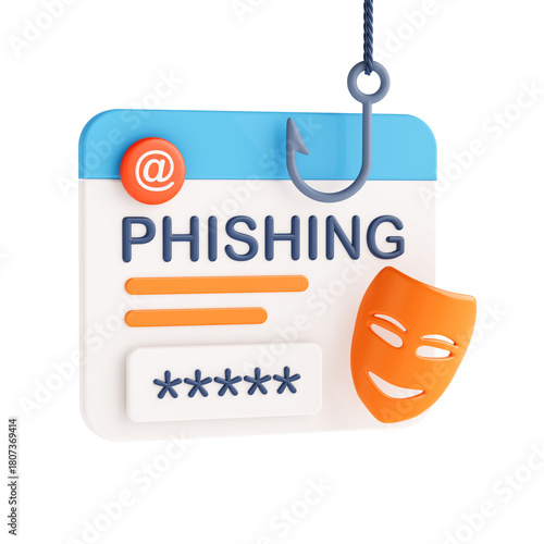 Cybersecurity Threat Awareness. Phishing Login Interface With Hook And Mask Symbolizing Data Theft. 3d Rendering