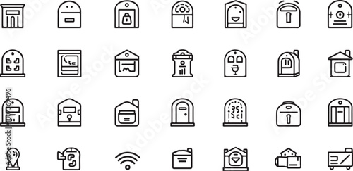 Assortment of Black and White Line Art Icons for Buildings, Doors, and Technology entrance doorway