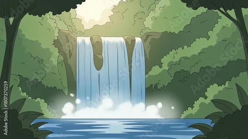 Serene Waterfall in Lush Green Forest.
