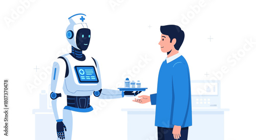 Innovative healthcare solution with robot assistant delivering medication to a patient in modern