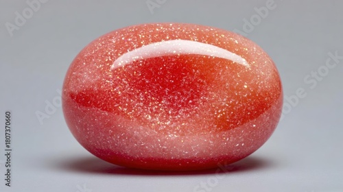 Close-up of an oval-shaped object. the object appears to be made of a shiny, glittery material, with a bright red color that contrasts nicely with the white color.