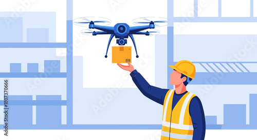Innovative logistics: Man guides drone delivering parcel in warehouse environment illustration