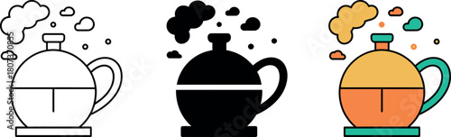 Decorative Teapot Illustration with Steam in Multiple Styles Isolated on White Background