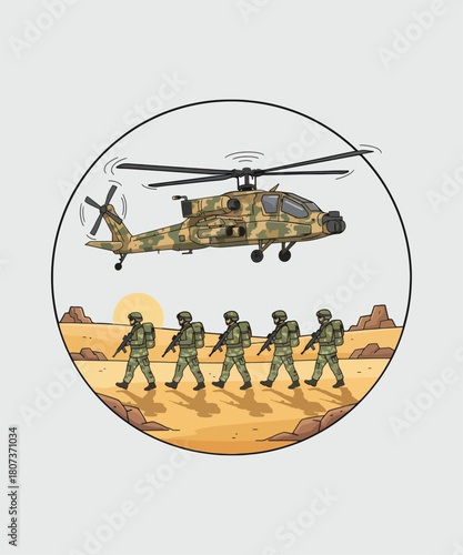 Military operation with soldiers walking in desert and helicopter flying above graphic illustration vector design