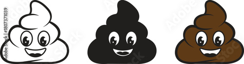 Funny poop silhouette icon set. Pile of poo emoji with a big smile and big eyes, presenting a cheerful and humorous concept isolated on transparent background. Vector illustration.