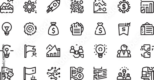 Collection of Business and Startup Related Line Icons with Gears Lightbulbs and Graphs vector illustration
