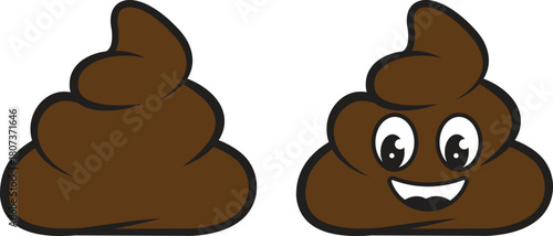 Funny poop silhouette icon set. Brown pile of poo emoji with a big smile and big eyes, presenting a cheerful and humorous concept isolated on transparent background. Vector illustration.