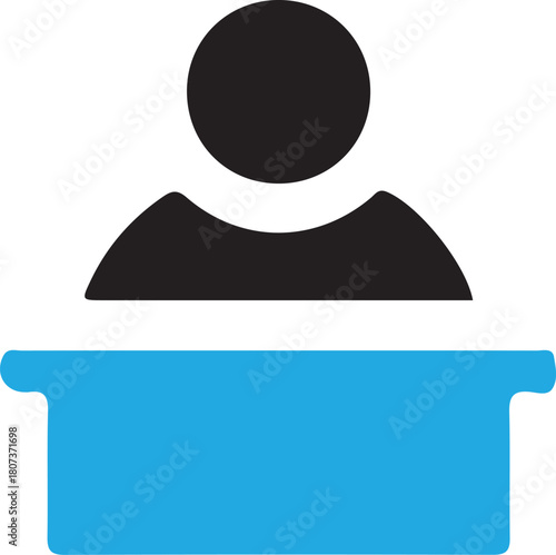 Simple icon of a person standing behind a blue desk or counter