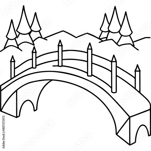 A black and white drawing of a bridge with trees in the background