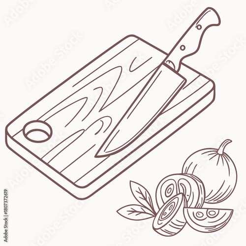 A knife rests on a wooden cutting board with onions isolated on