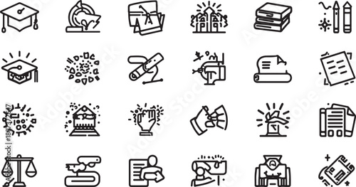 Educational and Learning Icons Including Graduation Caps Books Microscopes and Scales collection