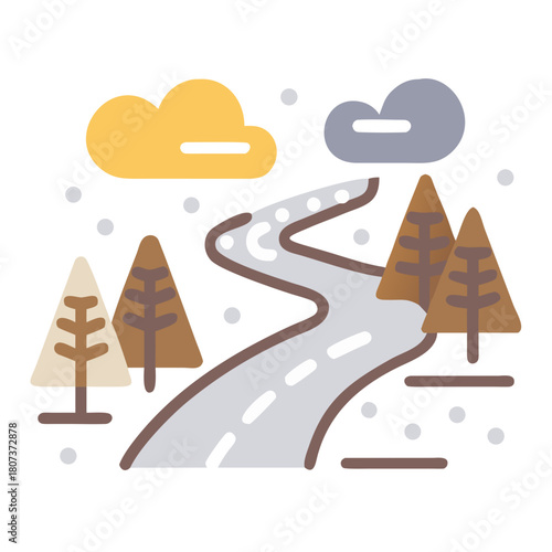 A winding road through a snowy landscape with trees and clouds illustration