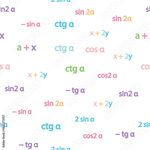 Seamless pattern with mathematical formulas and numbers. Algebra and geometry, calculations tangent, cotangent, sine, cosine