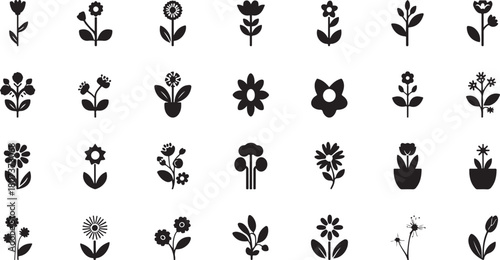Grid of 24 Black Icons Illustrating Various Flowers and Plant Sprigs flower icon plant icon